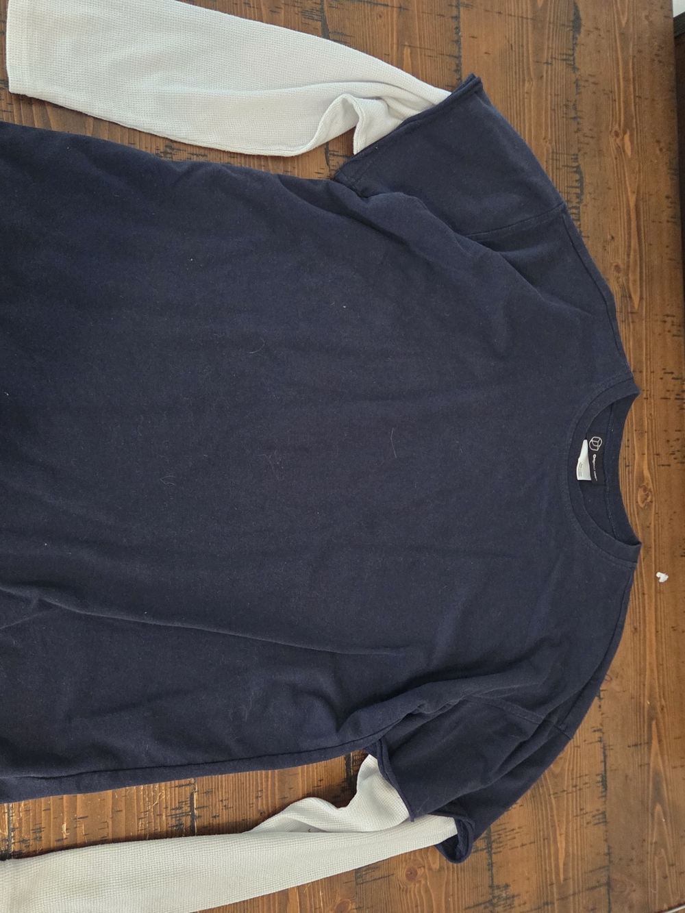 Navy Blue Crewneck Long Sleeve Pullover with Cream Sleeves